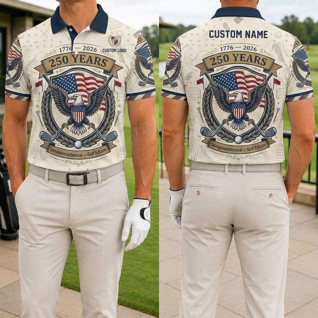 Front and back view of a personalized USA Eagle Semiquincentennial golf polo shirt showing the custom name printing area on the back.