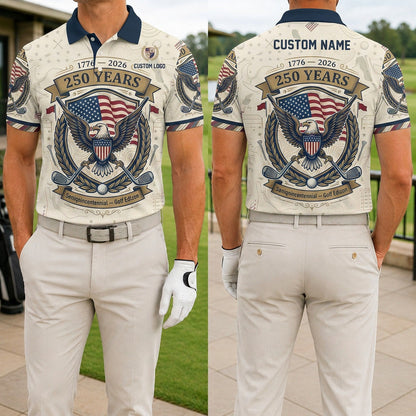 Front and back view of a personalized USA Eagle Semiquincentennial golf polo shirt showing the custom name printing area on the back.