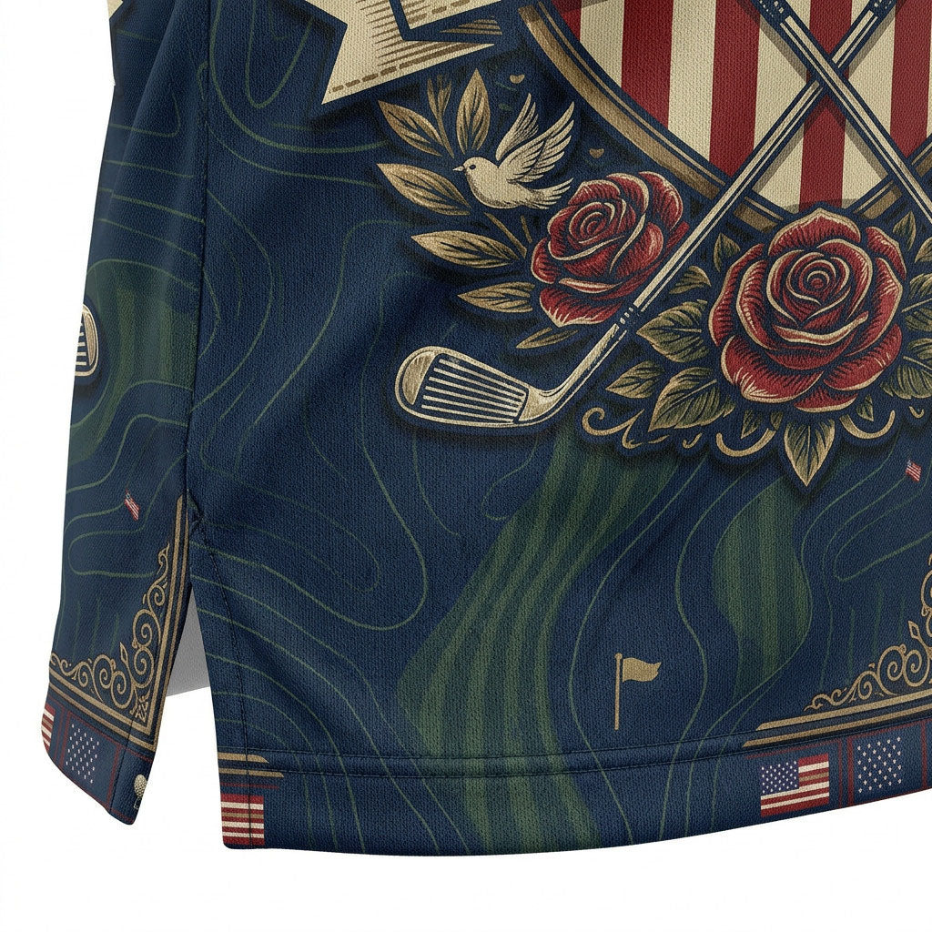 Close-up shot of the high-definition printed bold USA letters, roses, and 250 Years of Freedom ribbon on a premium polo shirt.