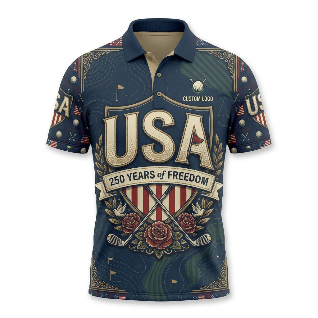 Front view of a dark navy USA Elite 250 Years of Freedom golf polo shirt with custom player name option badge.