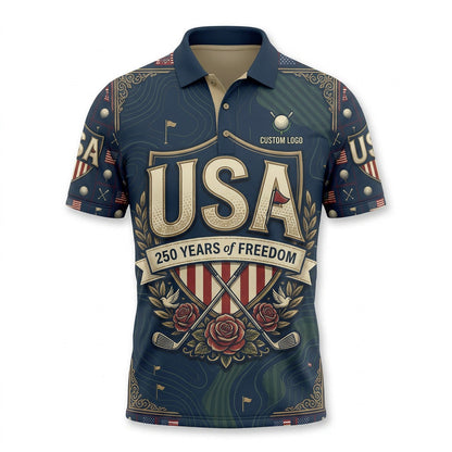 Front view of a dark navy USA Elite 250 Years of Freedom golf polo shirt with custom player name option badge.
