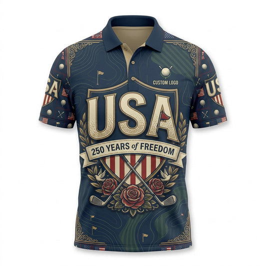 Front view of a dark navy USA Elite 250 Years of Freedom golf polo shirt with custom player name option badge.