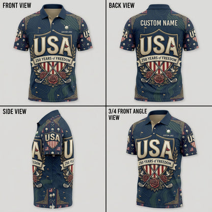 Multi-angle product display grid showcasing the front, back, pattern details, and athletic tailored fit of the polo shirt.