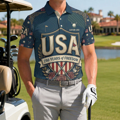 A male golfer wearing the customized USA Elite 250 Years polo shirt standing proudly on a premium country club fairway green.