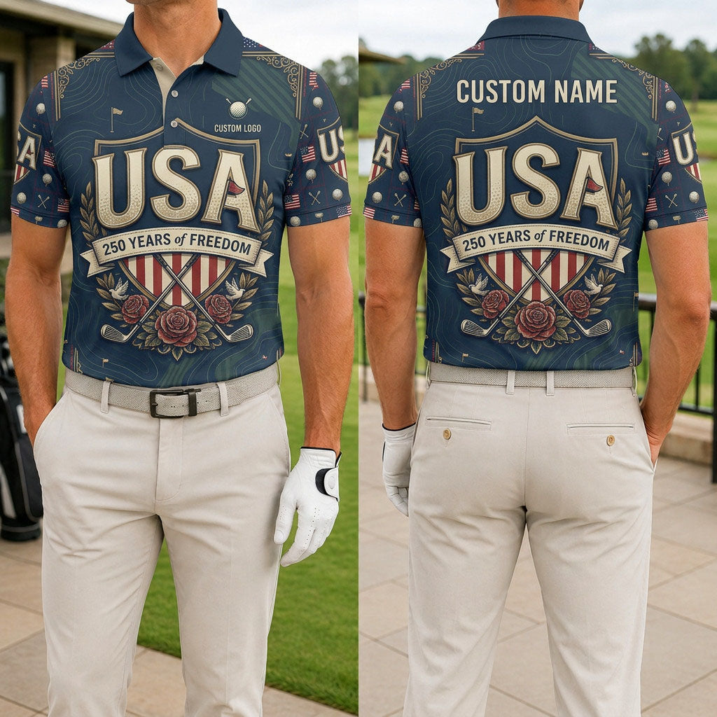 Front and back view of a personalized USA Elite Freedom golf polo shirt showing the custom name printing area on the back.