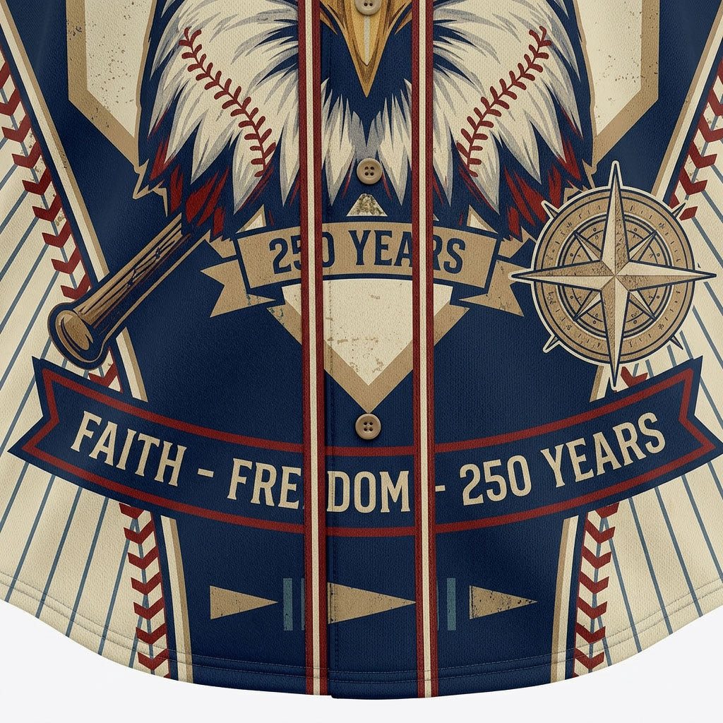 Close-up shot of the detailed print showing the Faith - Freedom - 250 Years banner and classic buttons on a navy blue patriotic baseball jersey.