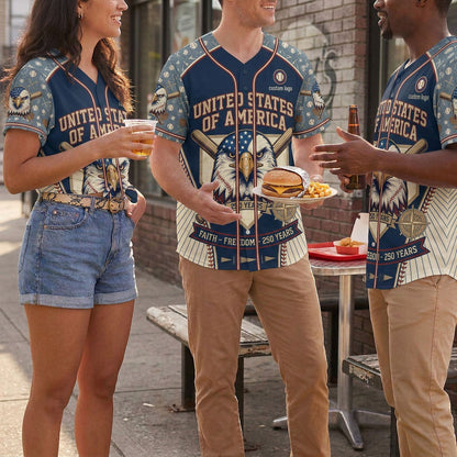 A group of friends wearing matching navy blue USA Faith Freedom baseball jerseys while chatting and hanging out at an outdoor summer party.