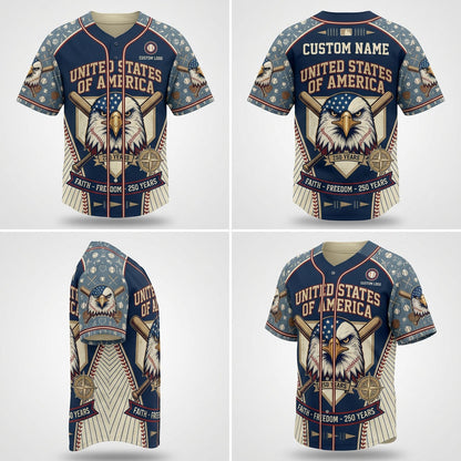 Multi-angle product display grid showcasing the front, back, side sleeve view, and perspective angle of the 250th independence anniversary jersey.