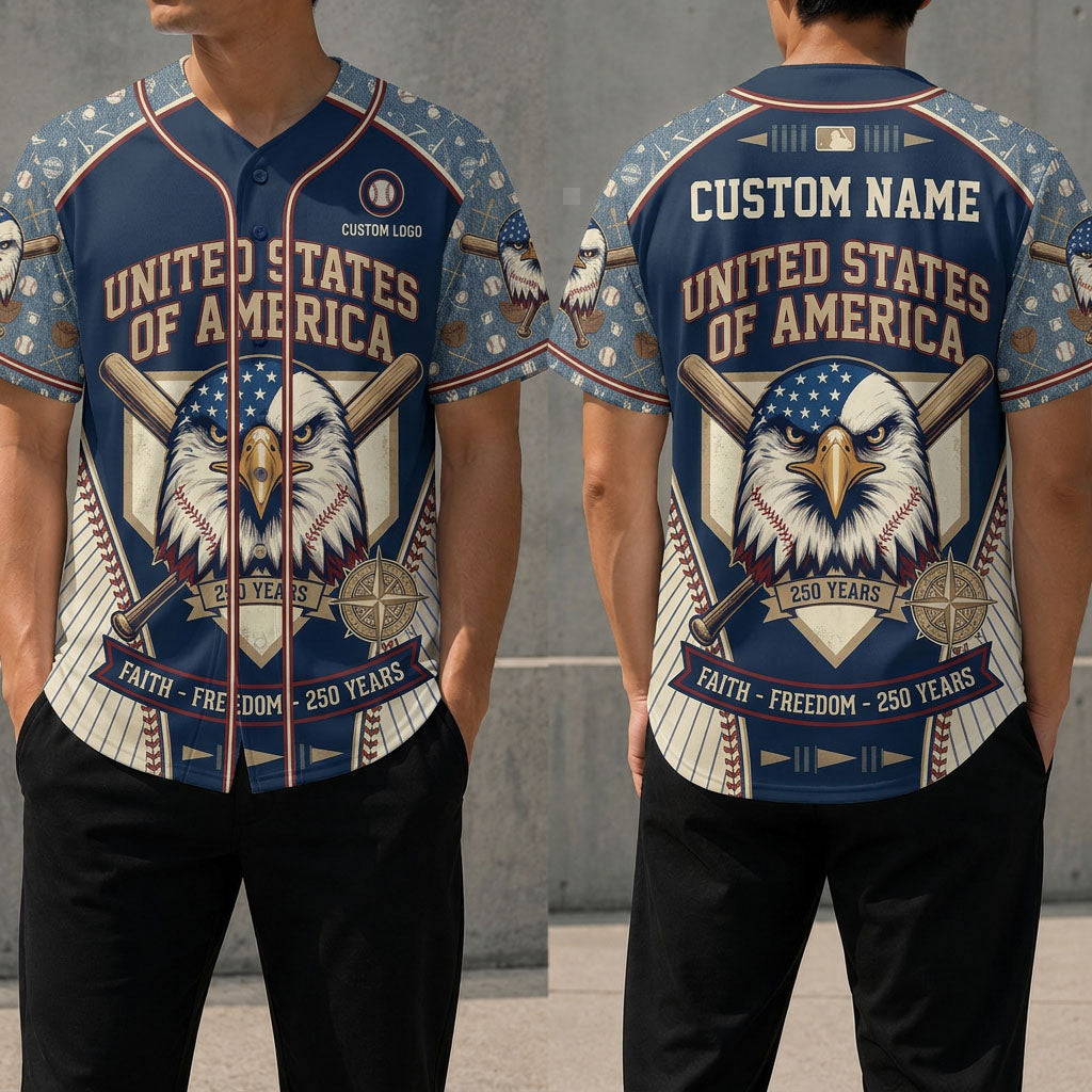 Front and back view of a custom name USA Faith Freedom baseball jersey featuring a 250 years anniversary emblem and patriotic American eagle design.