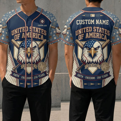 Front and back view of a custom name USA Faith Freedom baseball jersey featuring a 250 years anniversary emblem and patriotic American eagle design.