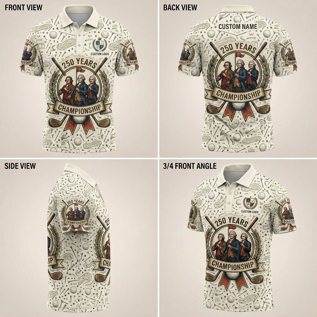 Multi-angle product display grid showcasing the front, back, side panel profile, and 3/4 perspective of the 250th golf polo.