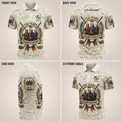 Multi-angle product display grid showcasing the front, back, side panel profile, and 3/4 perspective of the 250th golf polo.