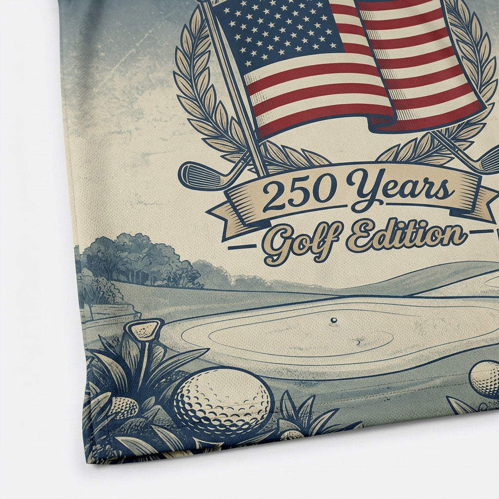 Close-up shot of the high-definition printed American flag and 250 Years Golf Edition banner on a premium performance polo shirt.