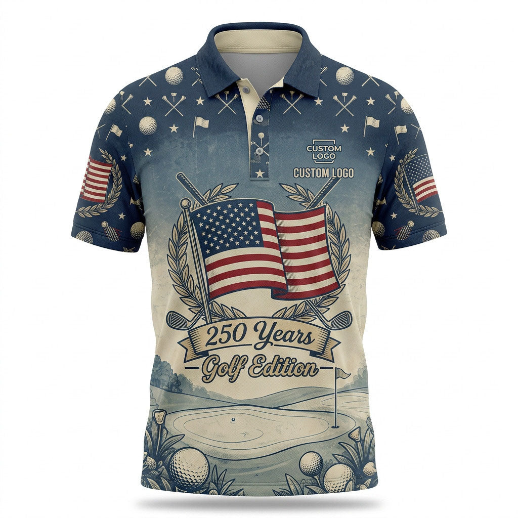 Front view of a vintage navy and cream USA Flag 250 Years Golf Edition polo shirt with custom player name option lines.