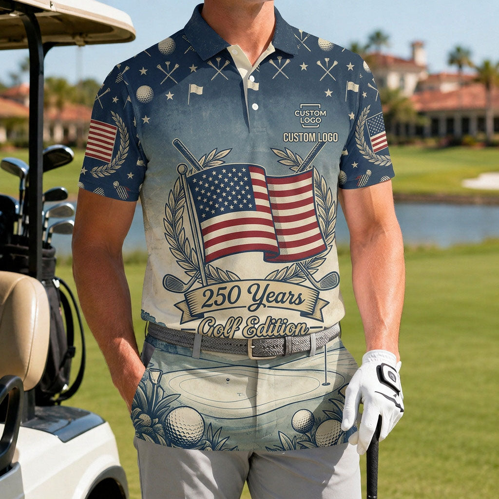 A male golfer wearing the customized USA Flag 250 Years polo shirt standing proudly on a premium country club fairway green.