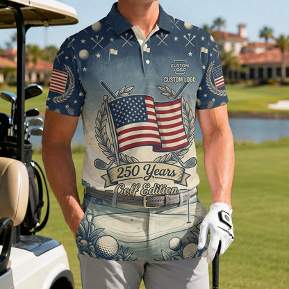 A male golfer wearing the customized USA Flag 250 Years polo shirt standing proudly on a premium country club fairway green.