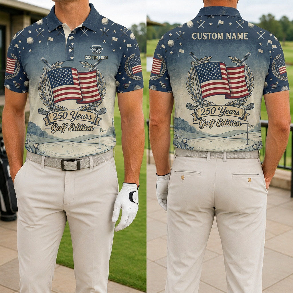 Front and back view of a personalized USA Flag Golf Edition polo shirt showing the custom name printing area on the back.