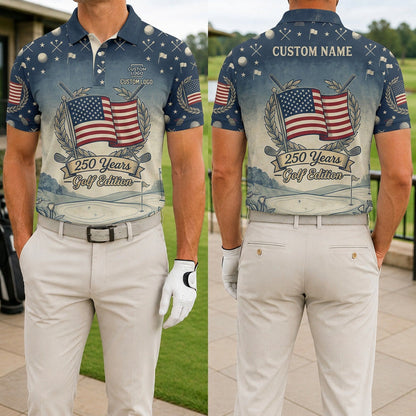 Front and back view of a personalized USA Flag Golf Edition polo shirt showing the custom name printing area on the back.
