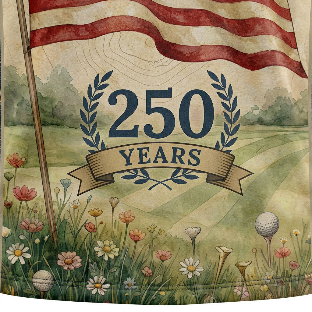 Close-up shot of the vibrant printed American flag and 250 Years ribbon details on a premium performance polo shirt.