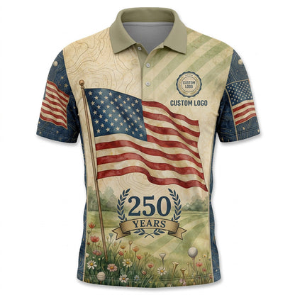 Front view of a cream and blue USA Flag 250 Years Heritage golf polo shirt with custom player name option lines.