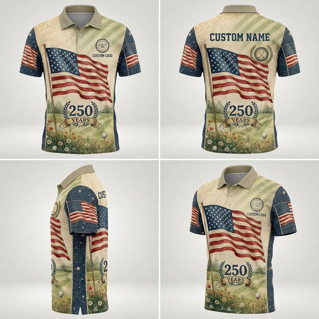 Multi-angle product display grid showcasing the front, back, topographic texture panels, and athletic fit of the polo shirt.
