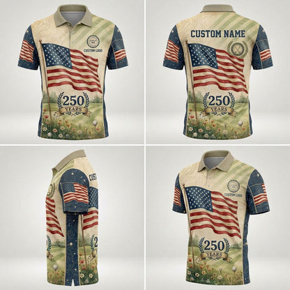 Multi-angle product display grid showcasing the front, back, topographic texture panels, and athletic fit of the polo shirt.