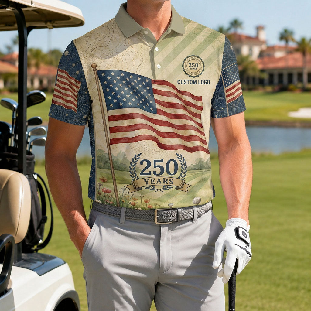 A male golfer wearing the custom USA Flag 250 Years polo shirt standing next to a golf cart on a premium fairway green.