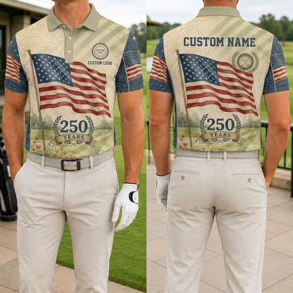 Front and back view of a personalized USA Flag Heritage golf polo shirt showing the custom text printing layout.