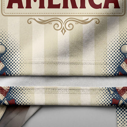 Detailed closeup of the American flag and eagle emblem on golf polo fabric