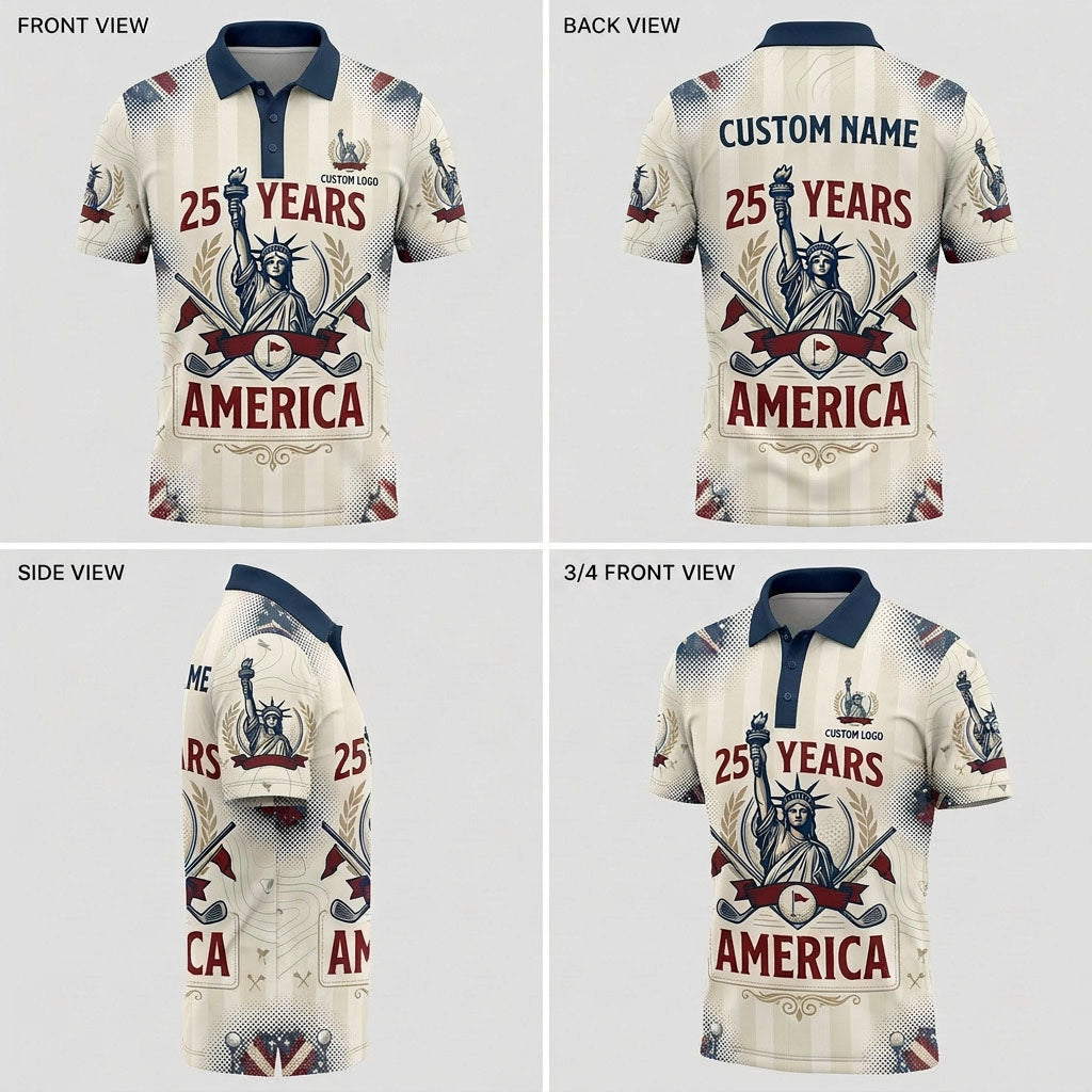 Multi-angle product display of the patriotic USA Flag & Eagle design golf polo