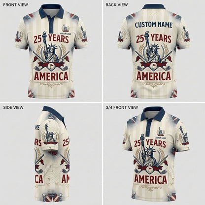 Multi-angle product display of the patriotic USA Flag & Eagle design golf polo