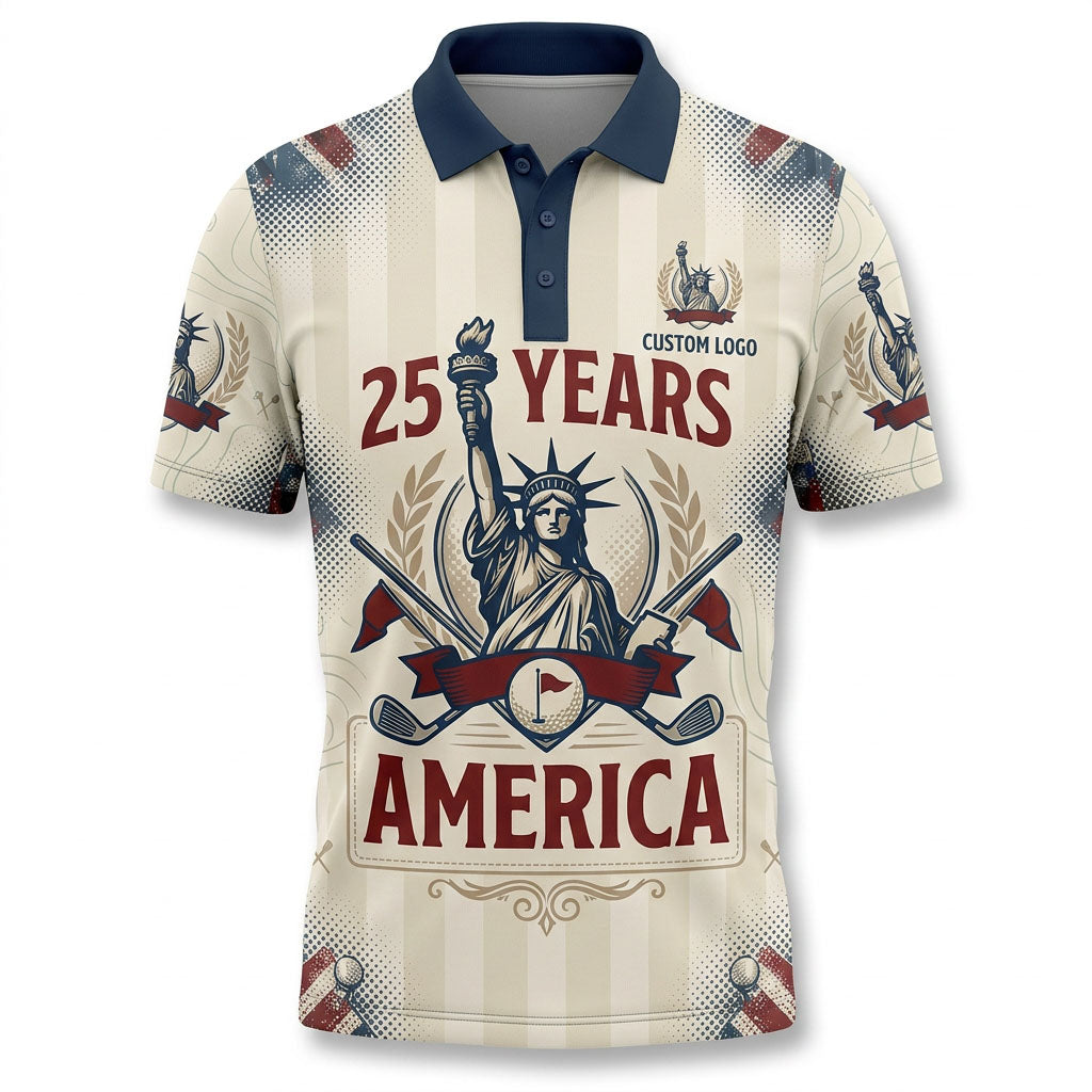 Premium flatlay of the commemorative USA Flag & Eagle anniversary golf polo
