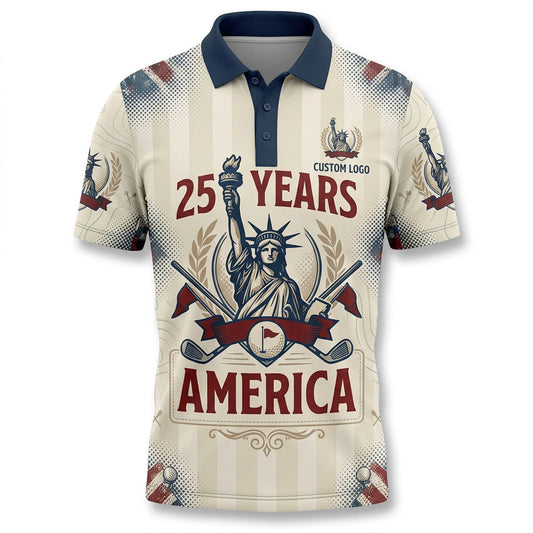 Premium flatlay of the commemorative USA Flag & Eagle anniversary golf polo