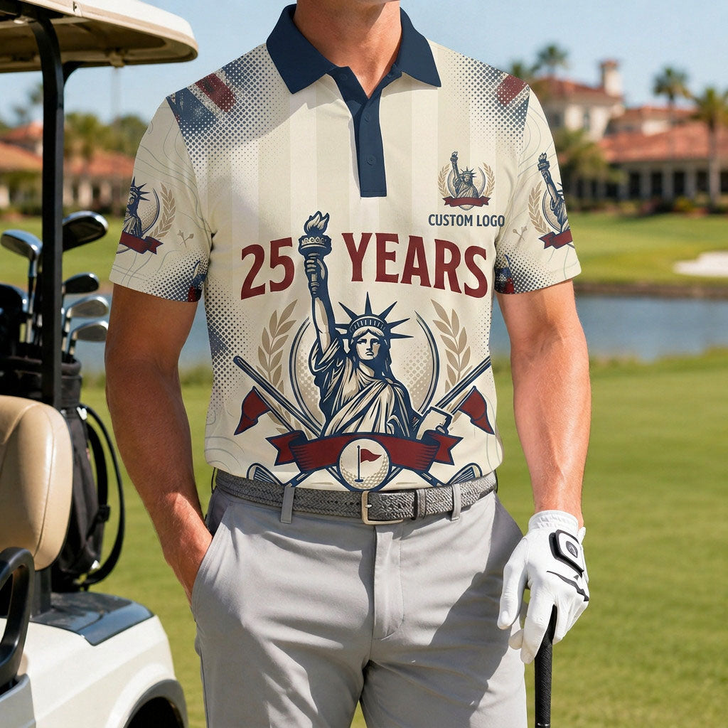 Golfer wearing the USA Flag & Eagle 250 performance polo on the course