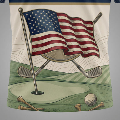 Close-up shot of the high-definition printed wavy American flag on the green putting hole with realistic grass textures on a polo.