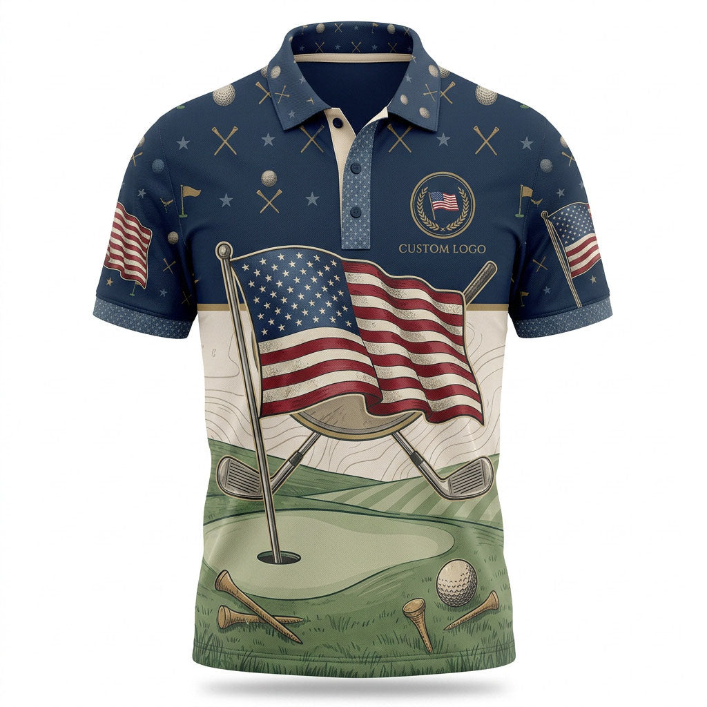 Front view of a waving American flag and fairway green country club scenery golf polo shirt with custom player name option line.