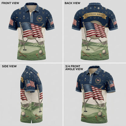 Multi-angle product display grid showcasing the front, back, navy starry shoulders, and athletic tailored fit of the polo shirt.