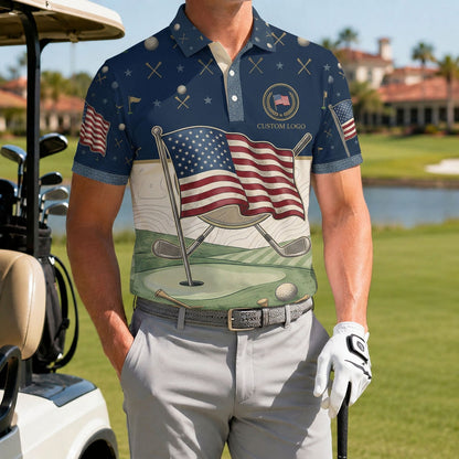 A male golfer wearing the customized USA Flag Green polo standing proudly on a premium country club fairway green.