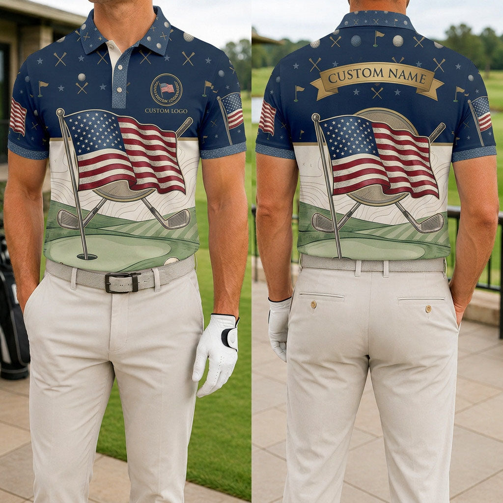 Front and back view of a personalized USA Flag Fairway Green golf polo shirt showing the custom name printing area on the back.