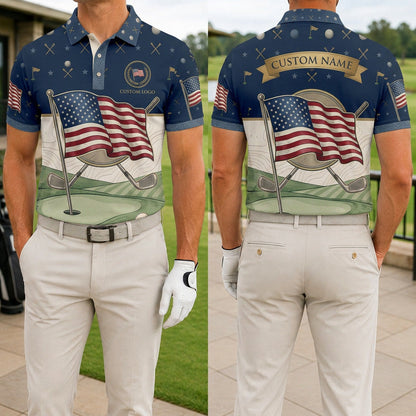 Front and back view of a personalized USA Flag Fairway Green golf polo shirt showing the custom name printing area on the back.