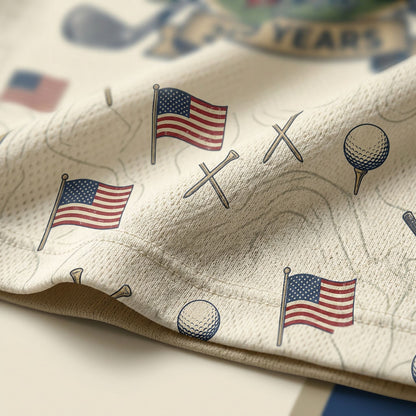 Close-up shot of the high-definition printed American flag, roses, and 250 Years banner details on a premium polo shirt.