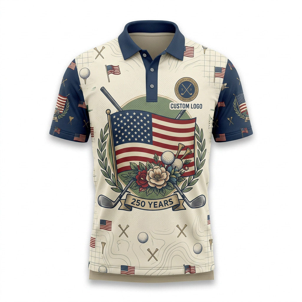 Front view of a cream and navy USA Flag Rose 250 Years golf polo shirt with custom player name text lines.