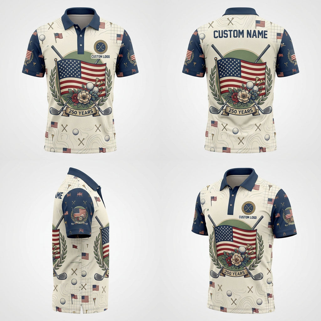 Multi-angle product display grid showcasing the front, back, star-and-bat shoulder panels, and athletic fit of the polo shirt.