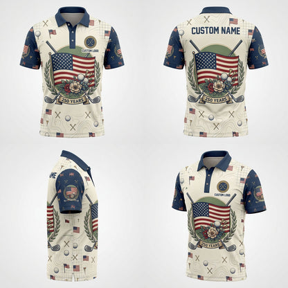 Multi-angle product display grid showcasing the front, back, star-and-bat shoulder panels, and athletic fit of the polo shirt.