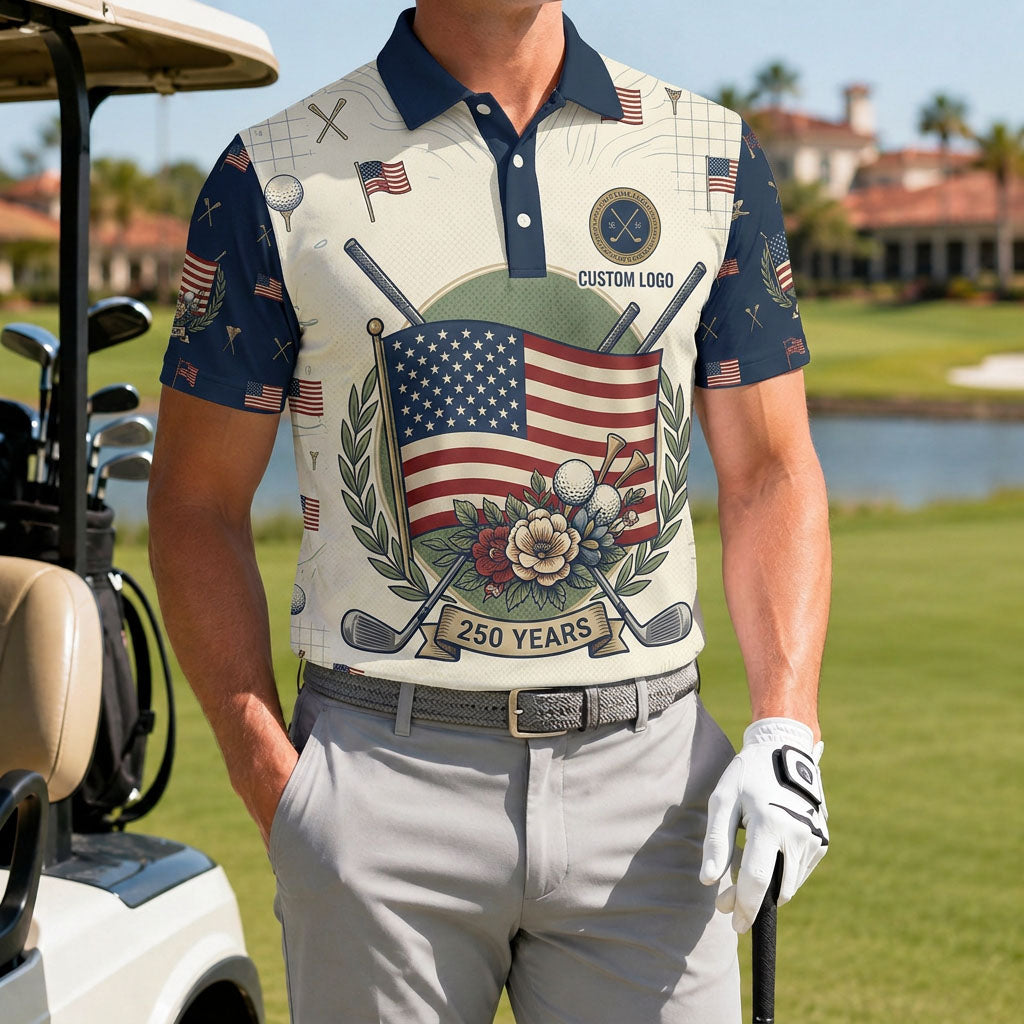 A male golfer wearing the customized USA Flag Rose 250 Years polo shirt standing proudly on a premium golf course fairway.