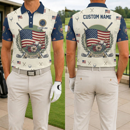 Front and back view of a personalized USA Flag Rose golf polo shirt showing the custom name printing area on the back.