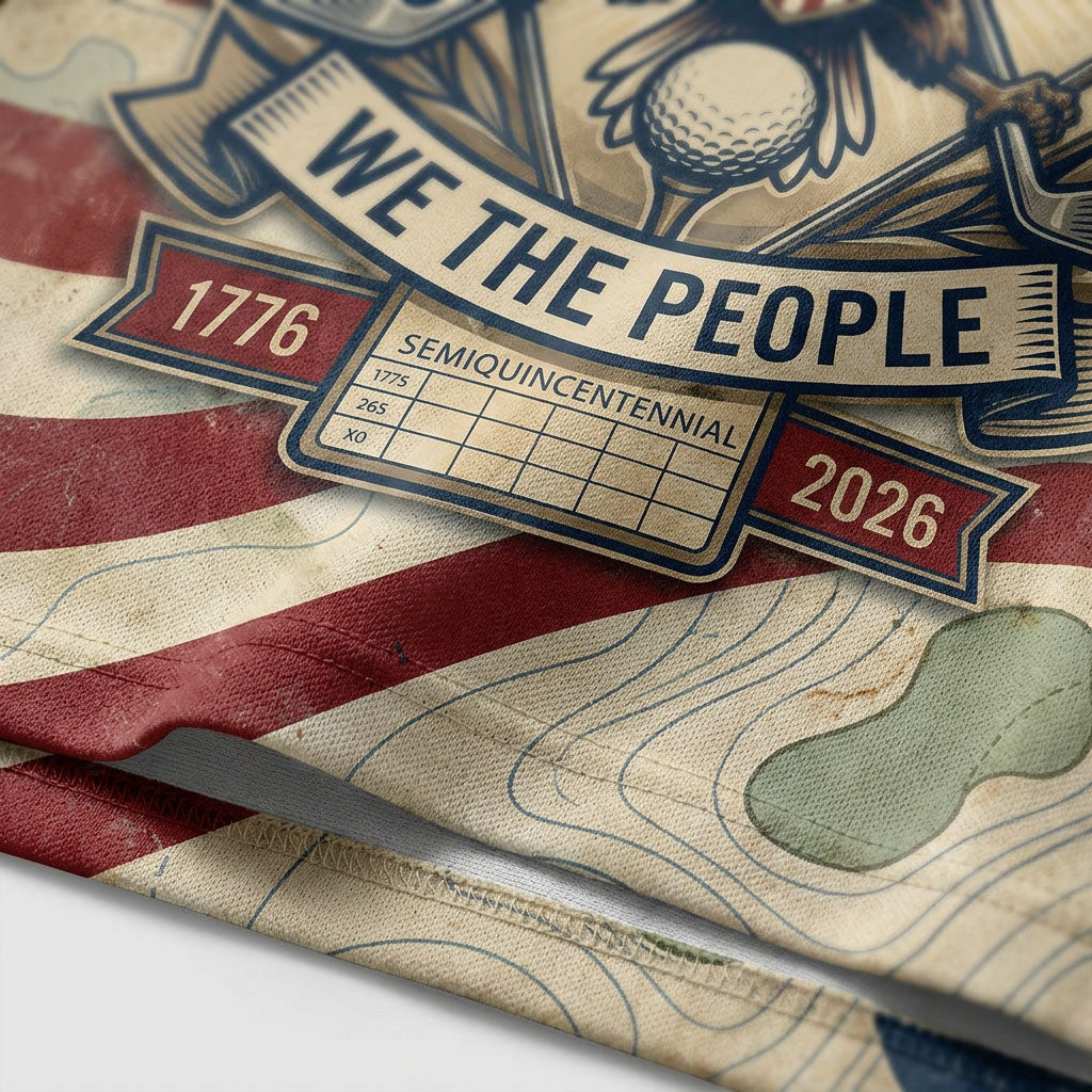 Close-up shot of the high-definition printed patriotic bald eagle and 250-Year Semi-Quincentennial text on a premium golf polo fabric.
