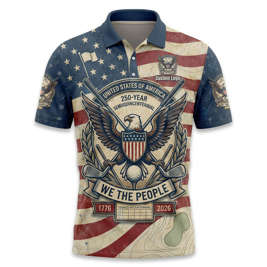 Front view of a cream and navy USA Flag We The People 250 Years golf polo shirt with custom name text boxes.