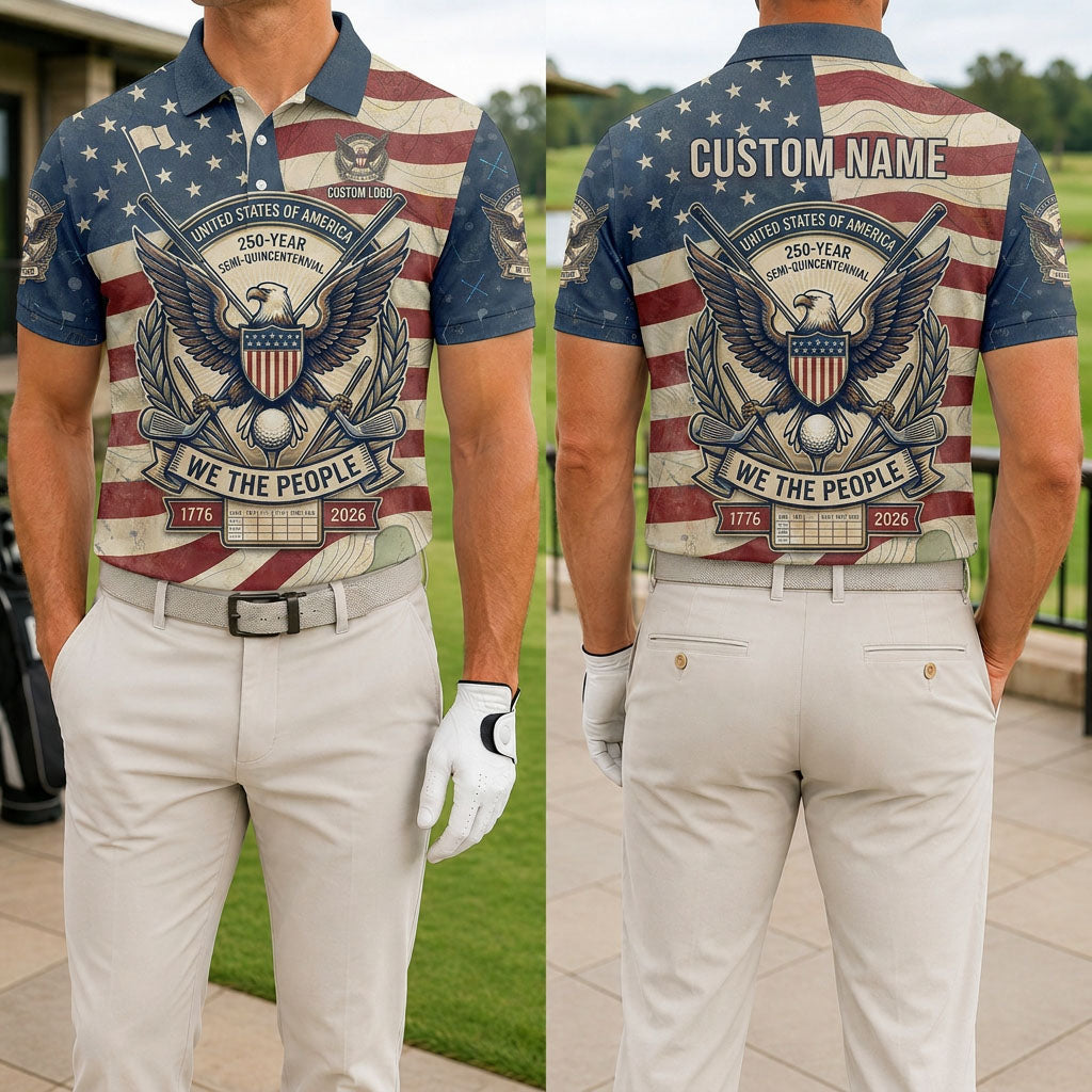 Front and back view of a personalized USA Flag We The People golf polo shirt showing the custom player name printing space on the back.