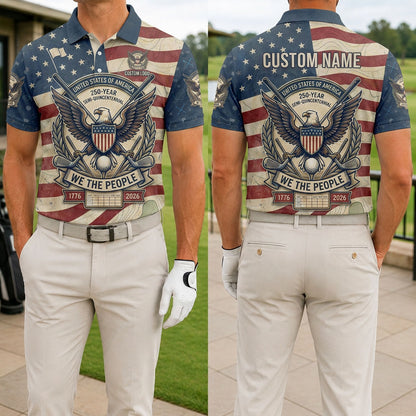Front and back view of a personalized USA Flag We The People golf polo shirt showing the custom player name printing space on the back.